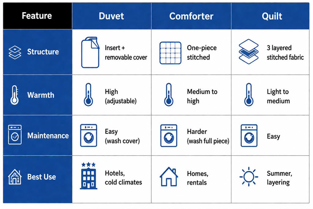 Quick Comparison Duvet vs. Comforter vs. Quilt